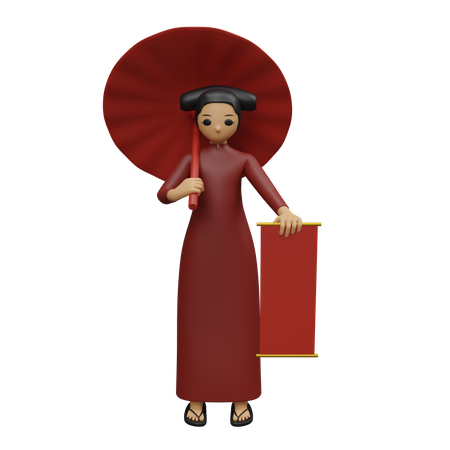 Femme chinoise tenant un parapluie et une bannière  3D Illustration