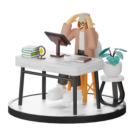 Femme confuse utilisant un ordinateur dans un espace de travail propre  3D Illustration