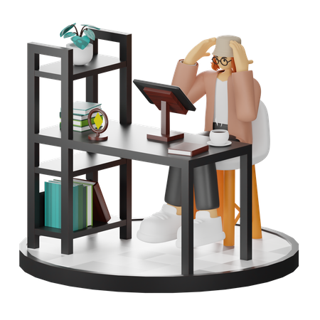 Femme confuse utilisant un ordinateur dans un espace de travail propre  3D Illustration