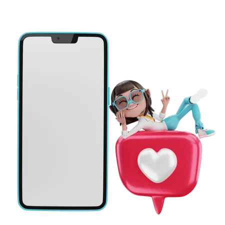 Femme allongée sur l'amour avec un téléphone portable  3D Illustration