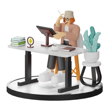 Femme créative avec ordinateur dans un espace de travail propre en quête d'inspiration  3D Illustration