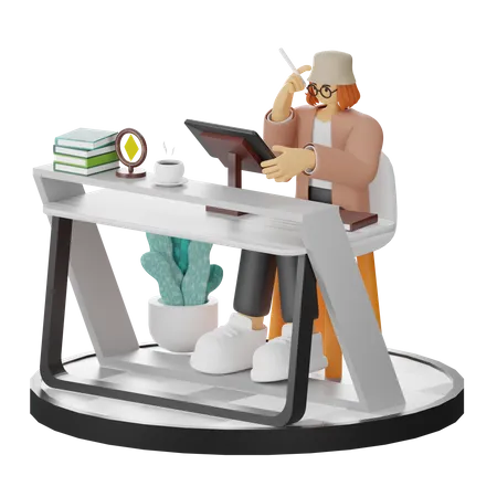 Femme créative avec ordinateur dans un espace de travail propre en quête d'inspiration  3D Illustration