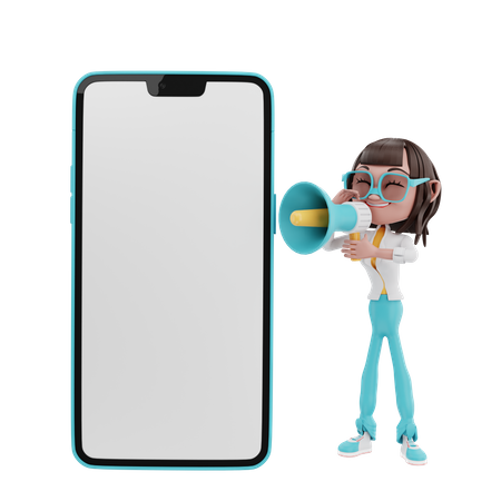 Femme criant dans un mégaphone avec un téléphone portable  3D Illustration