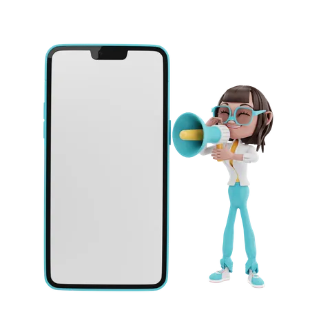 Femme criant dans un mégaphone avec un téléphone portable  3D Illustration