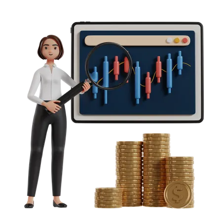 Femme d'affaires analysant l'investissement boursier  3D Illustration