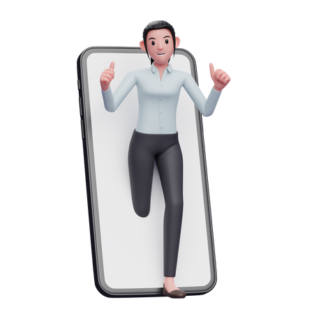 Une femme d'affaires apparaît de l'intérieur de l'écran du téléphone tout en levant le pouce  3D Illustration