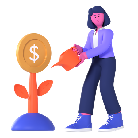 Femme Affaires, Arrosage, Usine Dollar  3D Illustration