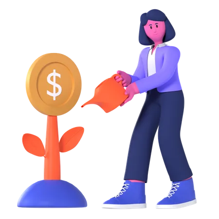 Femme Affaires, Arrosage, Usine Dollar  3D Illustration