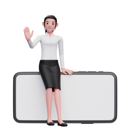 Femme d'affaires assise au téléphone et agitant la main  3D Icon