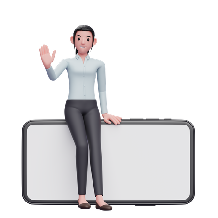 Femme d'affaires assise au téléphone et agitant la main  3D Illustration