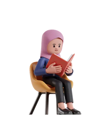 Femme d'affaires avec hijab assise sur une chaise et lisant un livre  3D Illustration