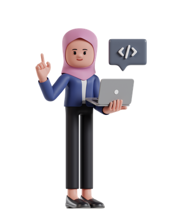 Femme d'affaires avec hijab développant un site Web sur un ordinateur portable  3D Illustration