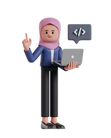 Femme d'affaires avec hijab développant un site Web sur un ordinateur portable  3D Illustration