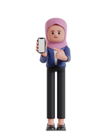 Femme d'affaires avec hijab montrant l'écran du téléphone portable  3D Illustration