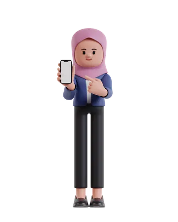 Femme d'affaires avec hijab montrant l'écran du téléphone portable  3D Illustration