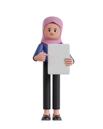 Femme d'affaires avec hijab pointant sur un livre blanc vierge  3D Illustration