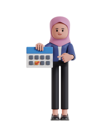 Femme d'affaires avec hijab pointant vers la date limite sur le calendrier  3D Illustration