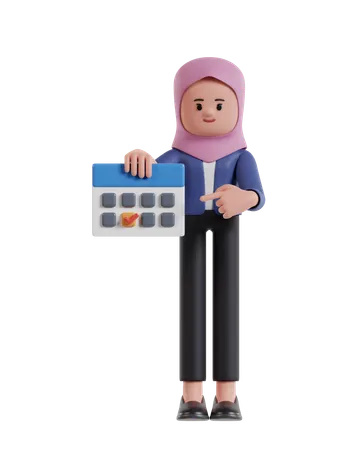 Femme d'affaires avec hijab pointant vers la date limite sur le calendrier  3D Illustration