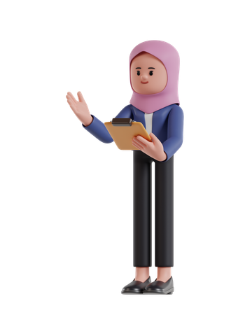 Femme d'affaires avec hijab présentant tout en tenant le presse-papiers  3D Illustration
