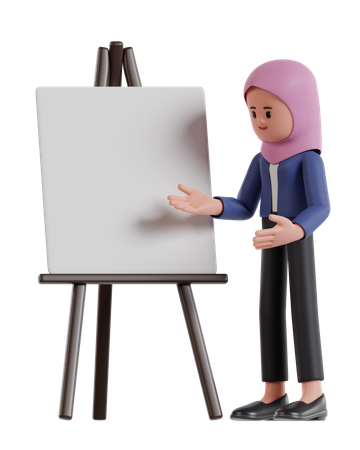 Femme d'affaires avec hijab Présentation avec tableau blanc  3D Illustration