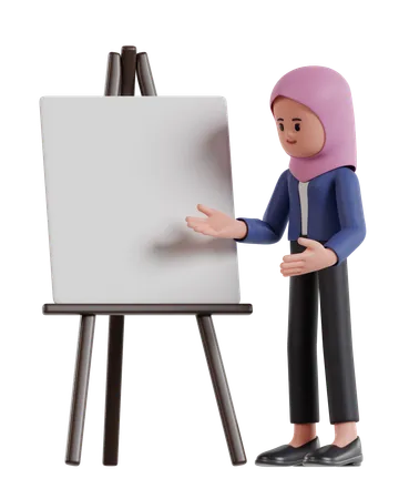 Femme d'affaires avec hijab Présentation avec tableau blanc  3D Illustration