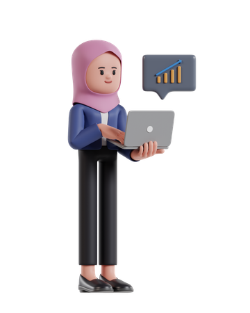 Femme d'affaires avec hijab surveillant les statistiques de croissance sur l'écran d'un ordinateur portable  3D Illustration