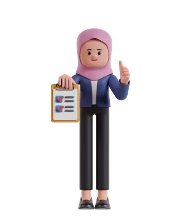 Femme d'affaires avec hijab tenant le presse-papiers accomplissant la tâche avec la liste de contrôle  3D Illustration