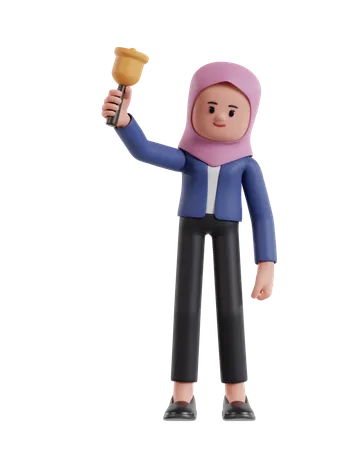 Femme d'affaires avec hijab tenant la cloche pour rappeler  3D Illustration