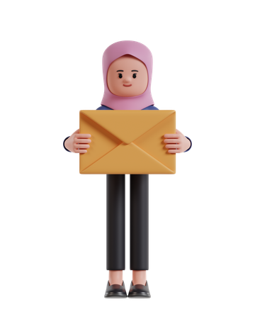 Femme d'affaires avec hijab tenant une enveloppe jaune  3D Illustration