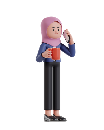 Femme d'affaires avec hijab tenant une tasse de café et parlant au téléphone portable  3D Illustration