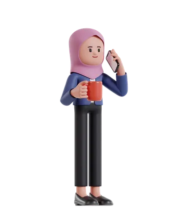 Femme d'affaires avec hijab tenant une tasse de café et parlant au téléphone portable  3D Illustration