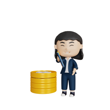 Femme d'affaires avec pile de pièces de monnaie  3D Illustration