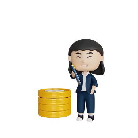 Femme d'affaires avec pile de pièces de monnaie  3D Illustration