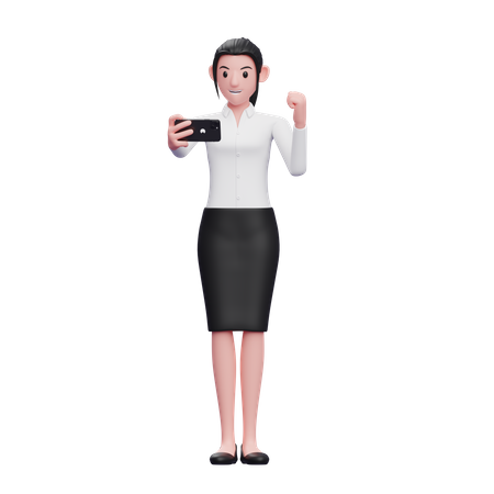Femme d'affaires célébrant en regardant l'écran du téléphone  3D Icon