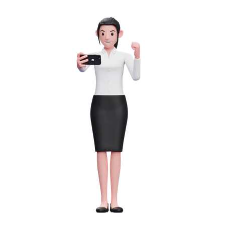 Belle Femme Portant Des Vetements De Travail Celebrant Tout En Regardant Lecran Du Telephone Illustration Du Personnage De Rendu 3 D 3D Illustration