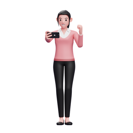 Femme d'affaires célébrant en regardant l'écran du téléphone  3D Illustration