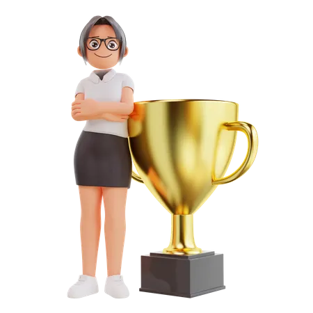 Femme affaires, debout, à, trophée  3D Illustration