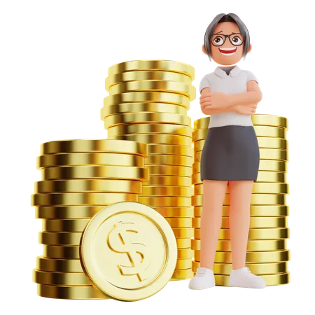 Femme affaires, debout, à, pièce dollar  3D Illustration