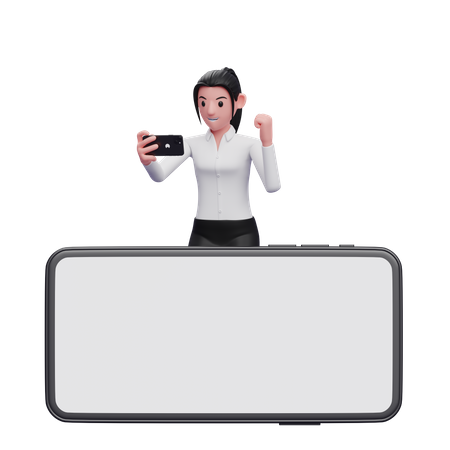 Femme d'affaires debout derrière le téléphone tout en célébrant  3D Icon