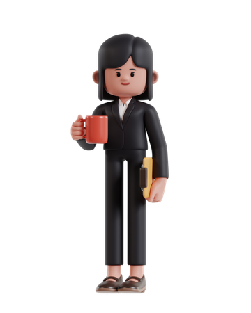 Femme d'affaires debout tenant une tasse de café et un presse-papiers  3D Illustration