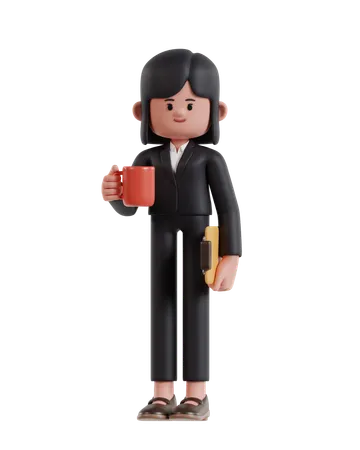 Femme d'affaires debout tenant une tasse de café et un presse-papiers  3D Illustration