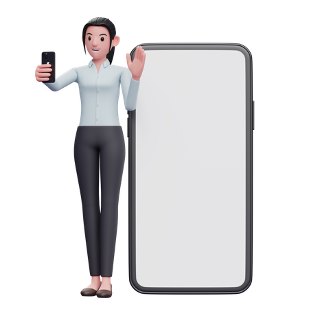 Femme d'affaires debout tout en passant un appel vidéo et en agitant la main  3D Illustration