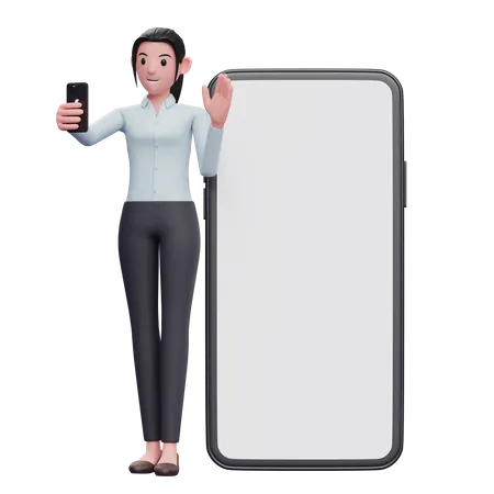 Femme d'affaires debout tout en passant un appel vidéo et en agitant la main  3D Illustration