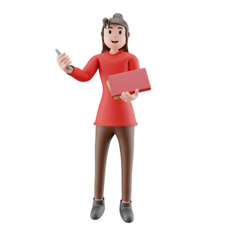 Femme d'affaires détenant un fichier et un mobile  3D Icon