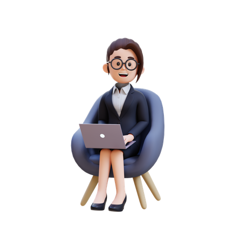Femme d'affaires en costume assis sur une chaise avec un ordinateur portable devant elle  3D Icon