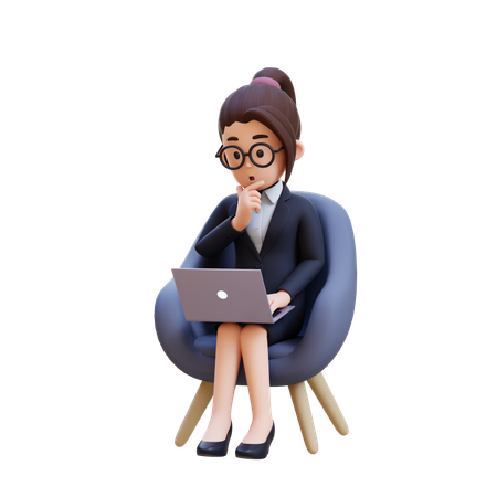 Femme d'affaires en costume réfléchissant et assise sur une chaise avec un ordinateur portable devant elle  3D Icon