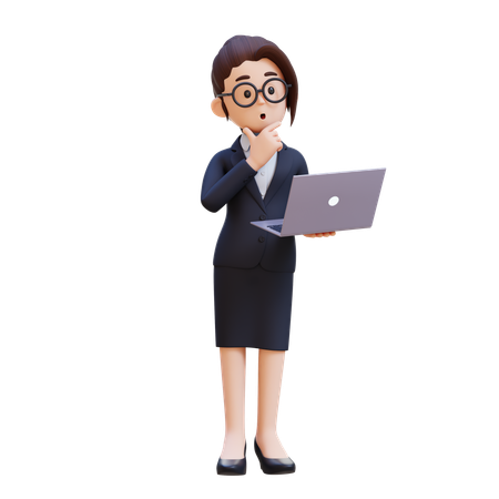 Femme d'affaires en costume tenant un ordinateur portable et réfléchissant  3D Icon