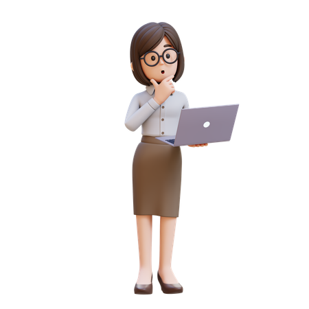 Femme d'affaires en costume tenant un ordinateur portable et réfléchissant  3D Icon