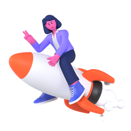 Femme affaires, équitation, fusée  3D Illustration