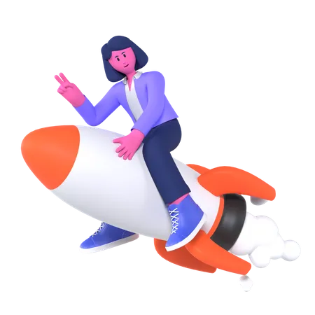 Femme affaires, équitation, fusée  3D Illustration